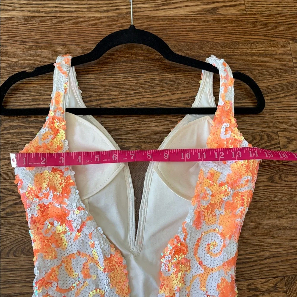 Jovani Coral & White Sequin Floral Prom Dress style 08257 - Picture 15 of 15